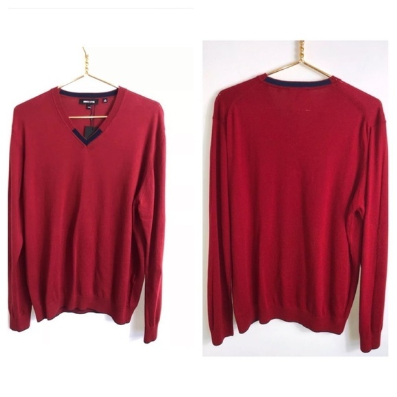 NWT Jared Lang Men's V Neck Sweater XXLarge Red Knit Pullover Cotton - Picture 1 of 8